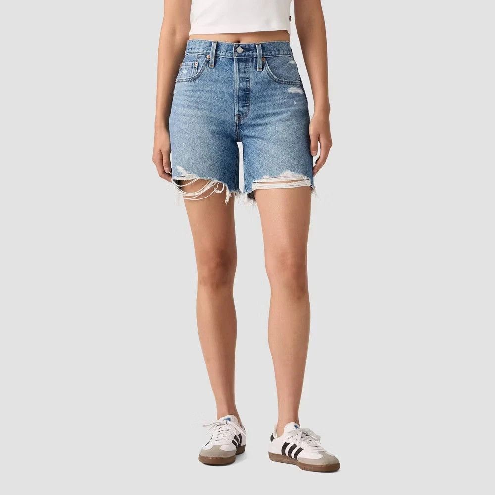 Levi 501 Women Mid-Thigh Shorts - Distressed Medium Blue NWT